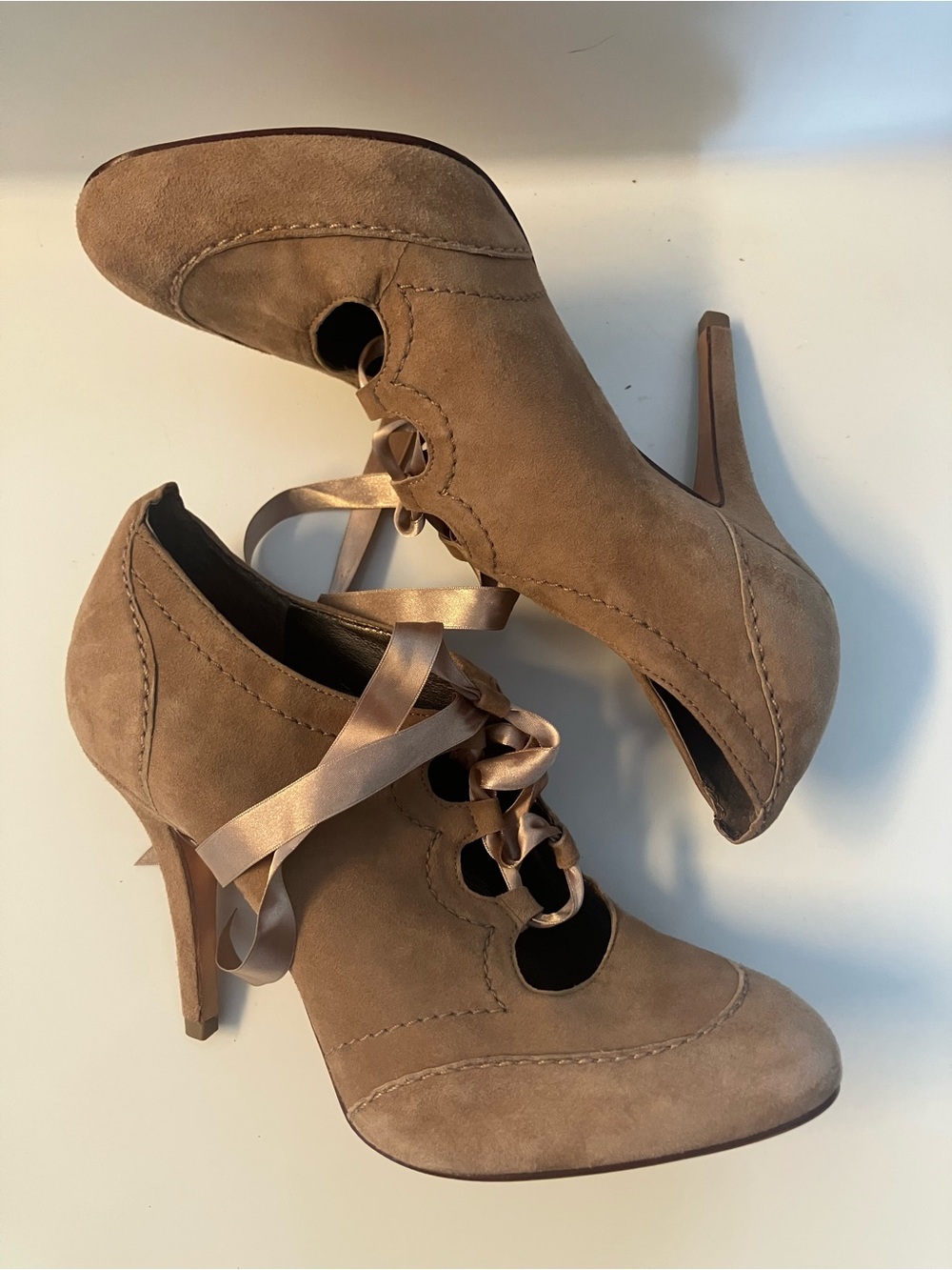 Talbots Taupe Suede Lace-Up Stiletto Heels
